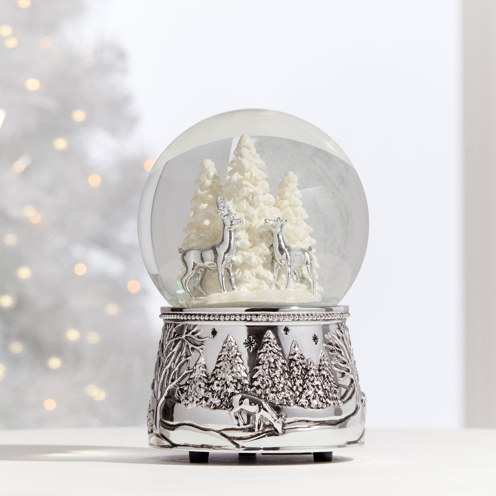 North Pole Bound Reindeer Silverplate Musical Snow Globe