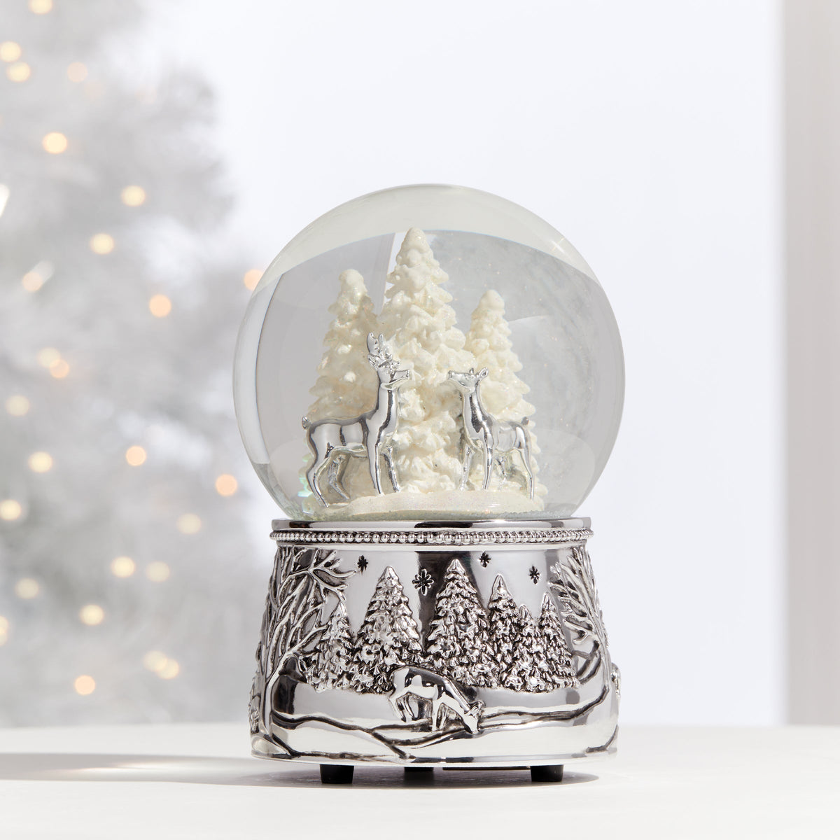 North Pole Bound Reindeer Silverplate Musical Snow Globe