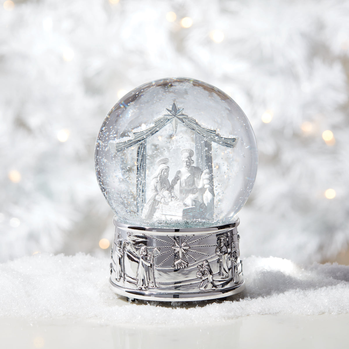 Nativity Silverplate Musical Snow Globe