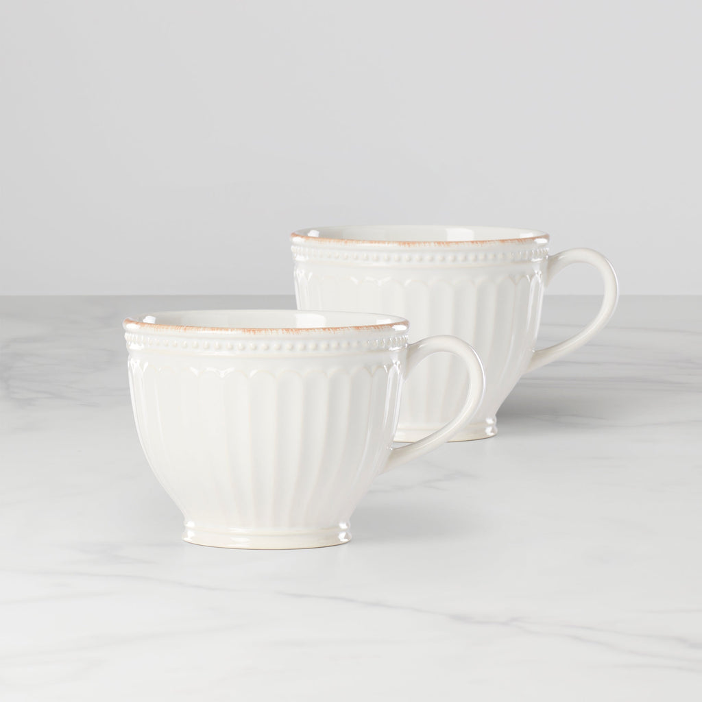 French Perle Groove White Latte Mugs, Set of 2