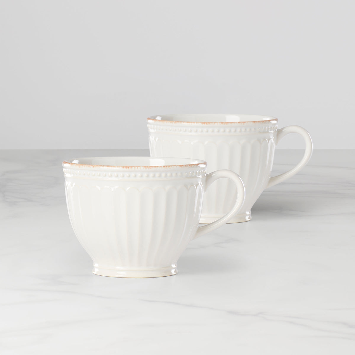 French Perle Groove White Latte Mugs, Set of 2