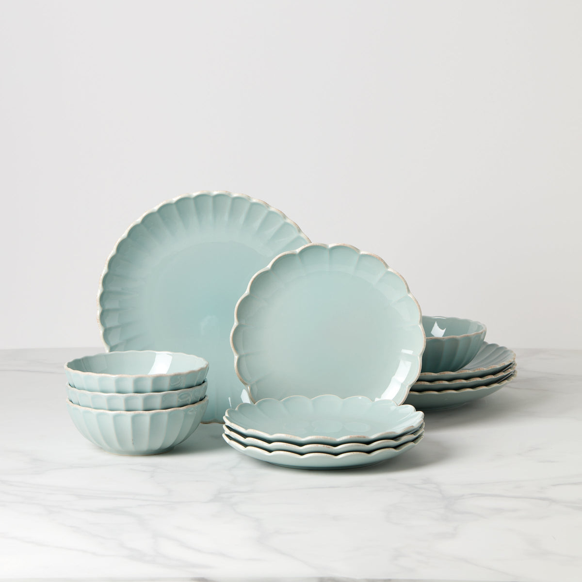 French Perle Scallop Ice Blue 12-Piece Dinnerware Set