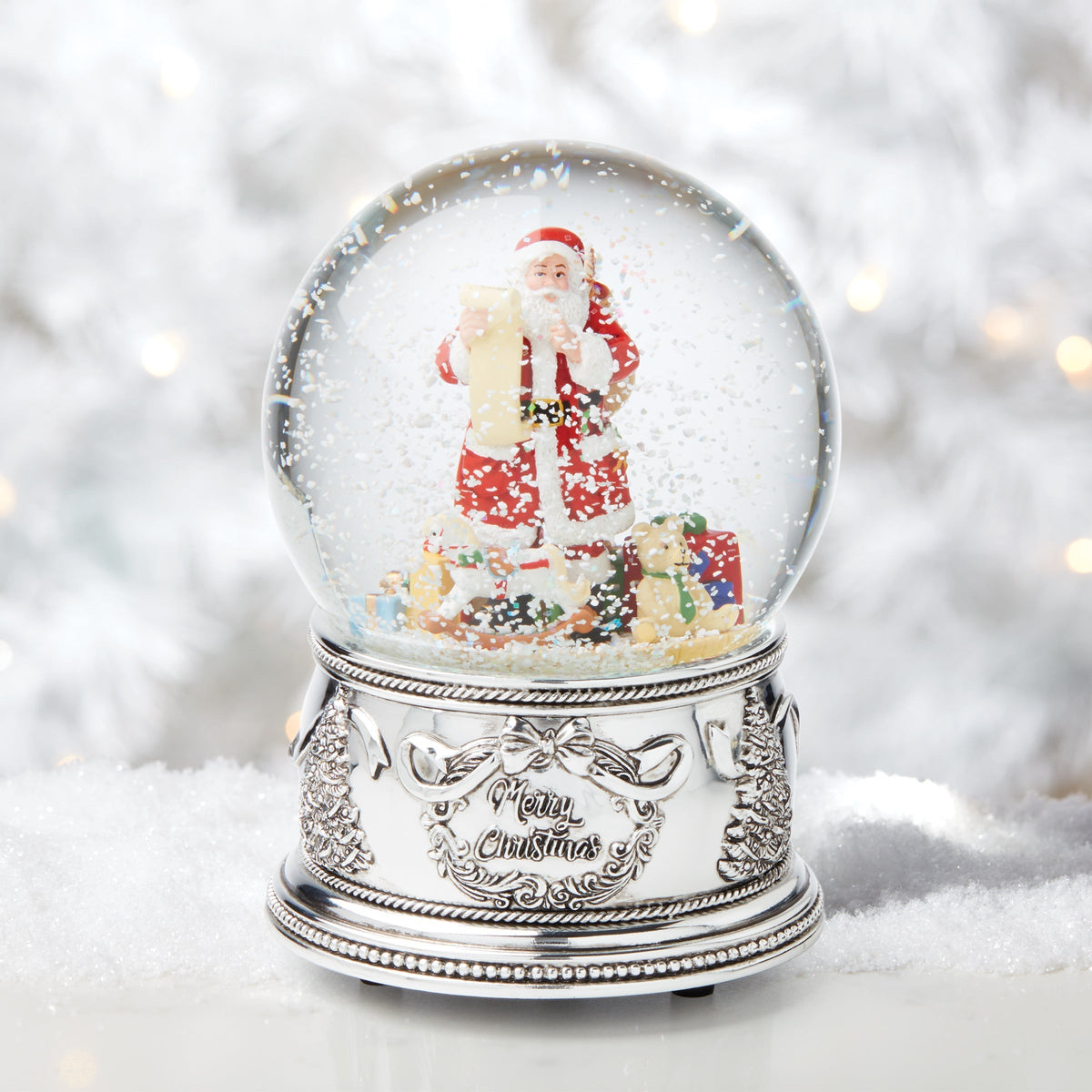 Winter Traditions Santa Silverplate Musical Snow Globe