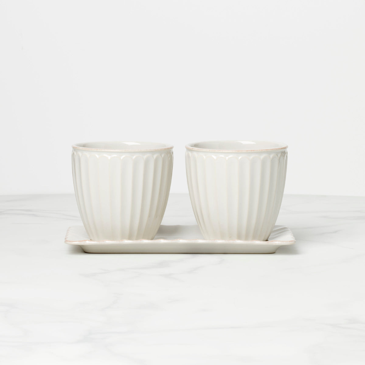 French Perle Scallop White 3-Piece Herb Pot Set