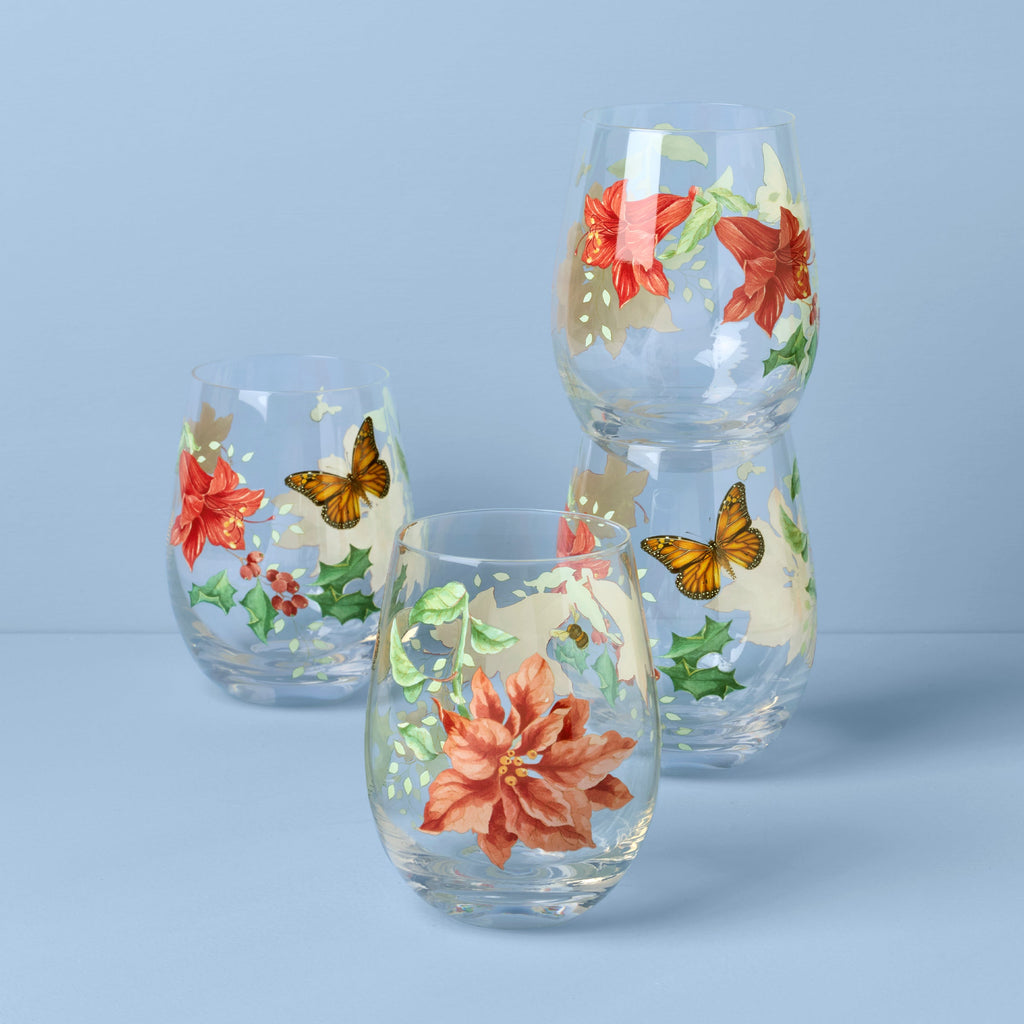 Butterfly Meadow Holiday Stemless Wine Glasses, Set Of 4